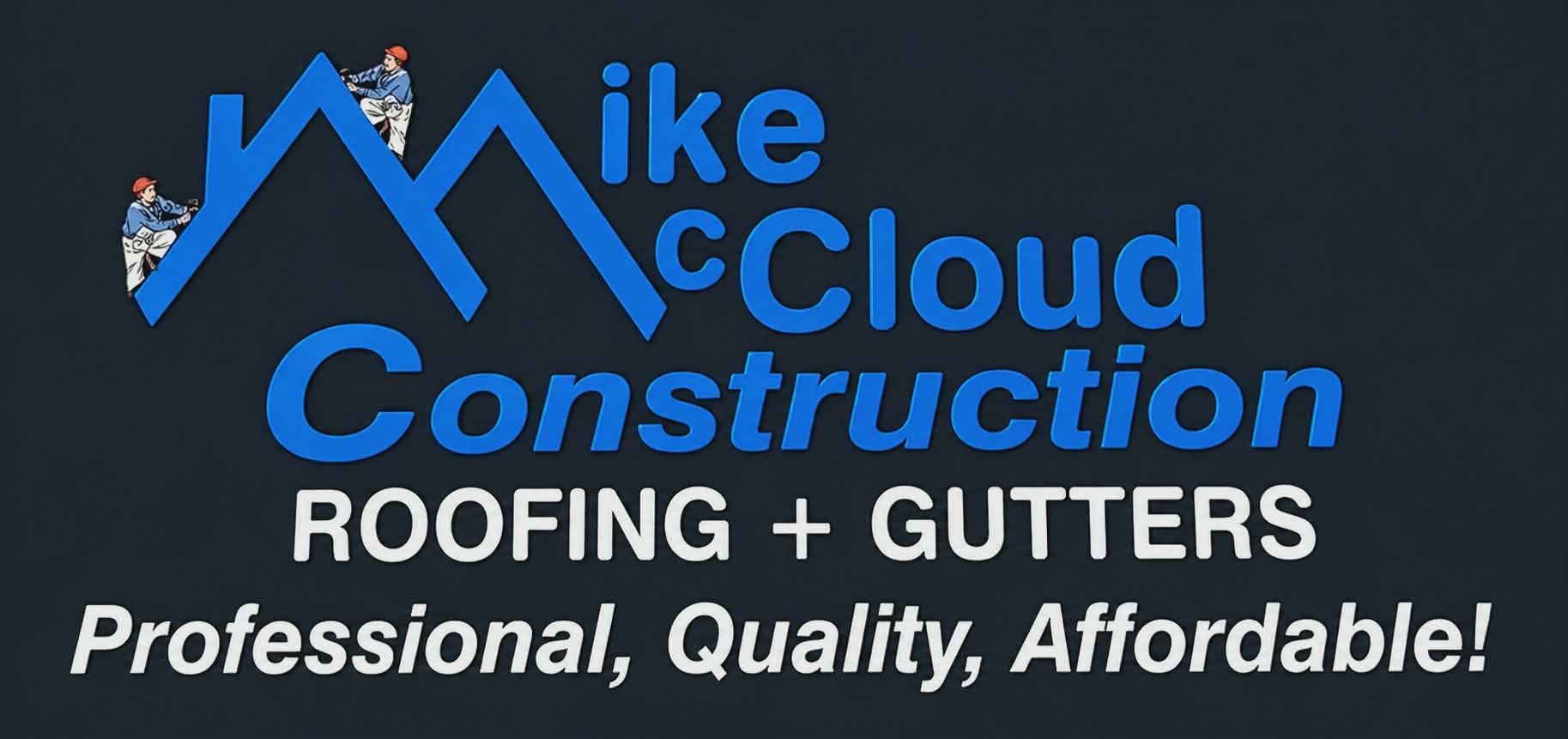 Mike McCloud Construction logo featuring roofing and gutter services in Grants Pass Oregon with blue roof icon and contractor branding